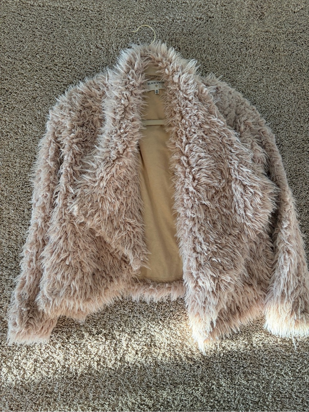 Black Swan Teddy Jacket Beige Womens Faux Fur Open Coat Fuzzy Winter Size M